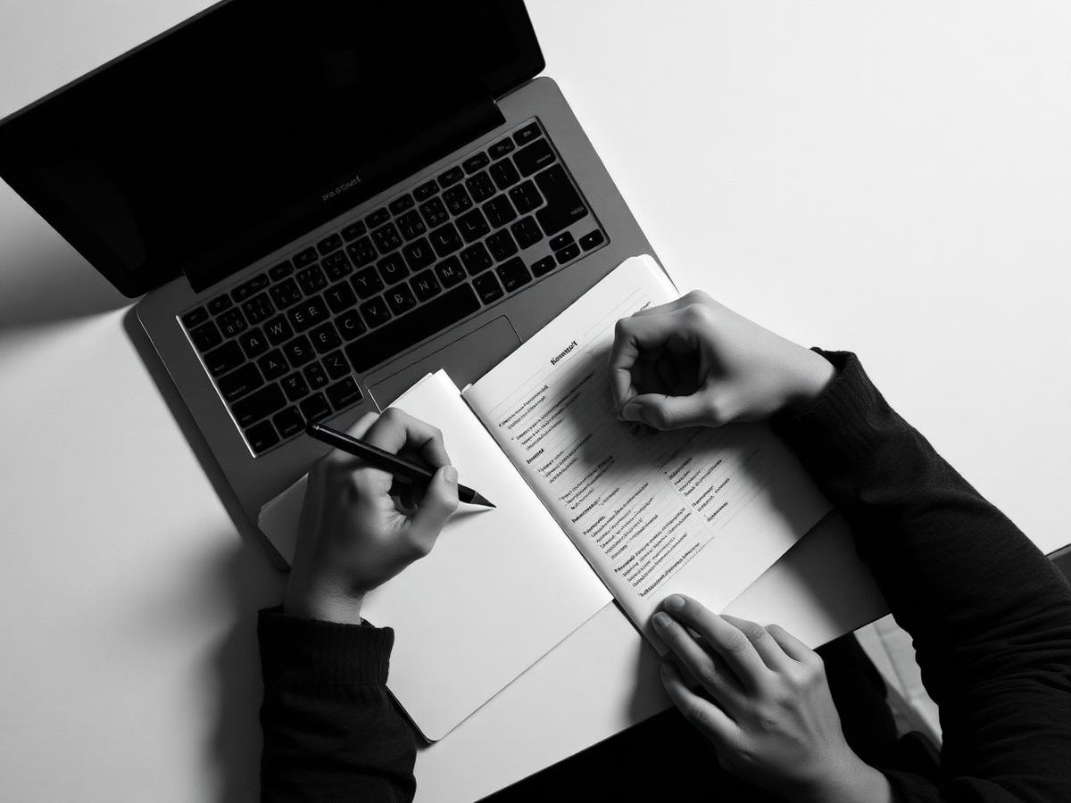 Mãos a escrever num caderno técnico ao lado de um portátil