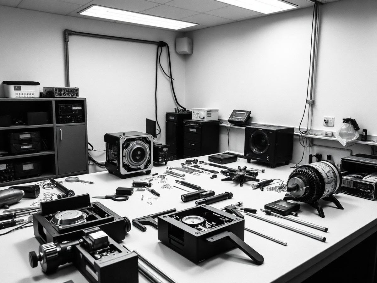 Bancada de laboratório com equipamento desmontado e ferramentas